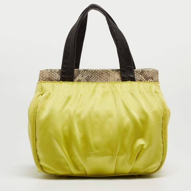 Pre Owned Furla Neon Yellow/Brown Satin And Snakeskin Embossed Leather Tote