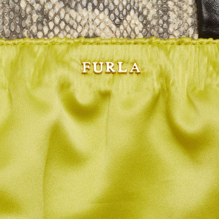 Pre Owned Furla Neon Yellow/Brown Satin And Snakeskin Embossed Leather Tote