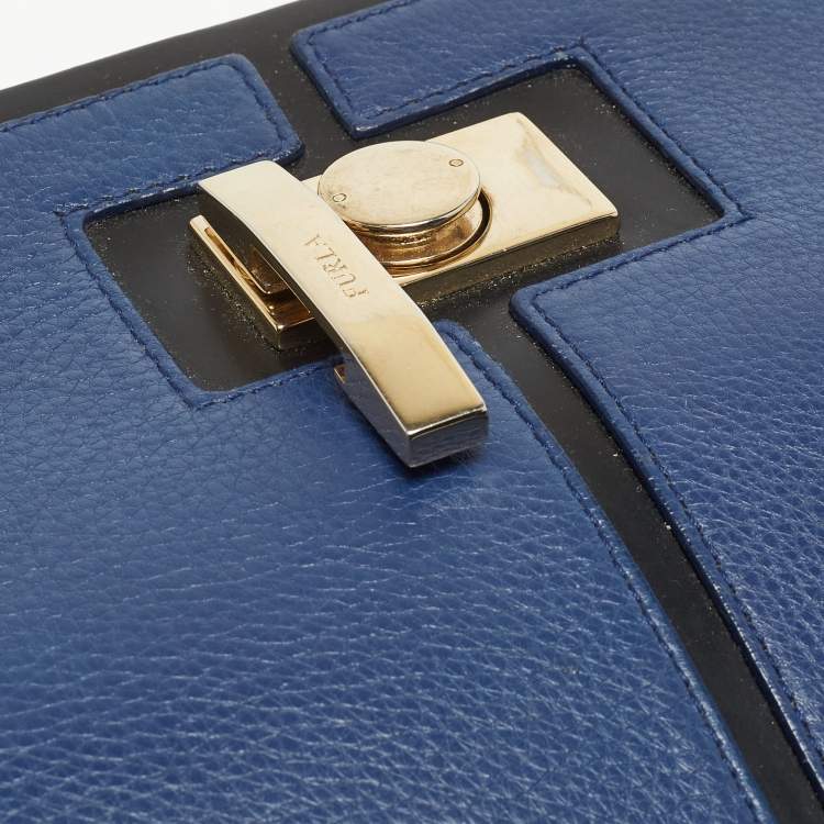 Pre Owned Furla Black/Blue Leather Flap Shoulder Bag