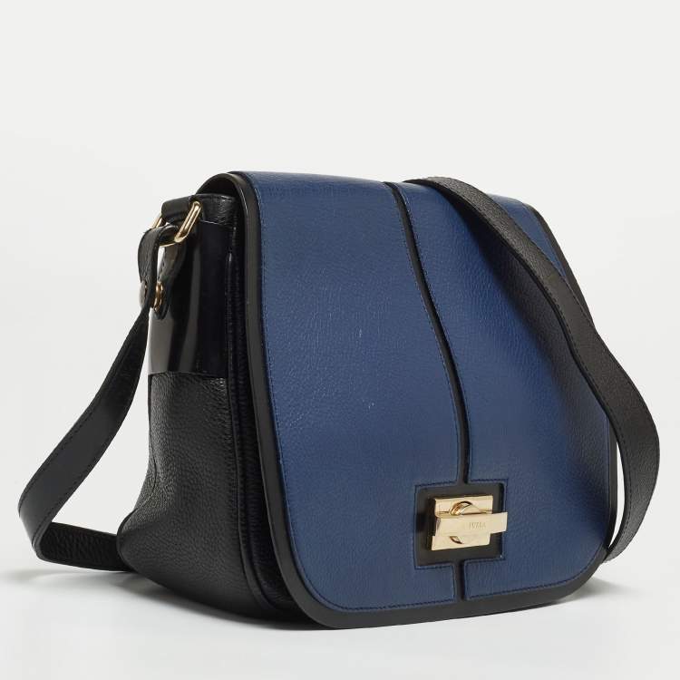 Pre Owned Furla Black/Blue Leather Flap Shoulder Bag