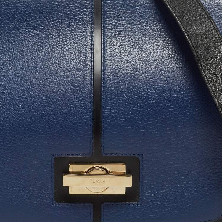 Pre Owned Furla Black/Blue Leather Flap Shoulder Bag