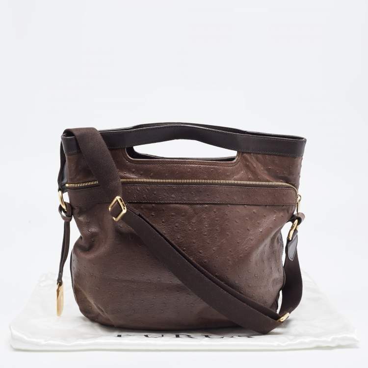 Pre Owned Furla Brown Ostrich Embossed Leather Crossbody Bag