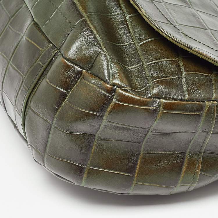 Pre Owned Furla Olive Green Croc Embossed Leather Flap Hobo