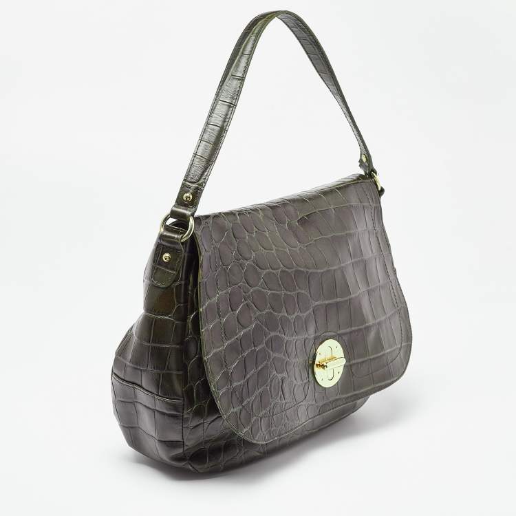 Pre Owned Furla Olive Green Croc Embossed Leather Flap Hobo