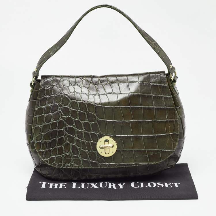 Pre Owned Furla Olive Green Croc Embossed Leather Flap Hobo