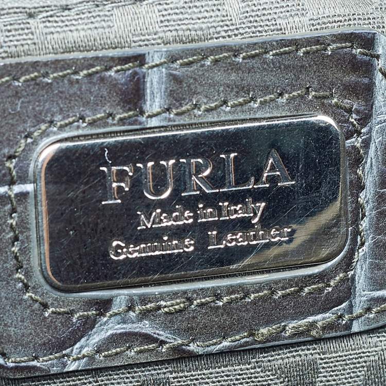 Pre Owned Furla Olive Green Croc Embossed Leather Flap Hobo
