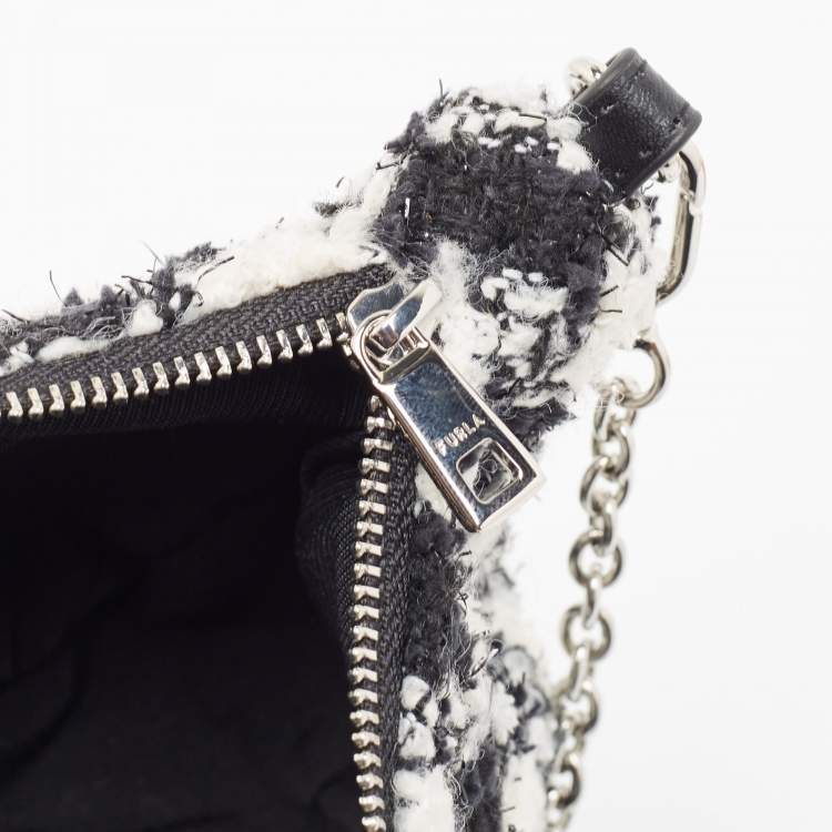 Pre Owned Furla White/Black Tweed Crossbody Bag 