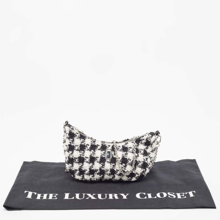 Pre Owned Furla White/Black Tweed Crossbody Bag 