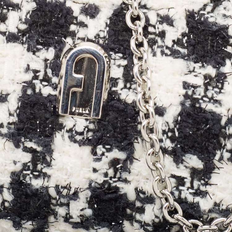 Pre Owned Furla White/Black Tweed Crossbody Bag 