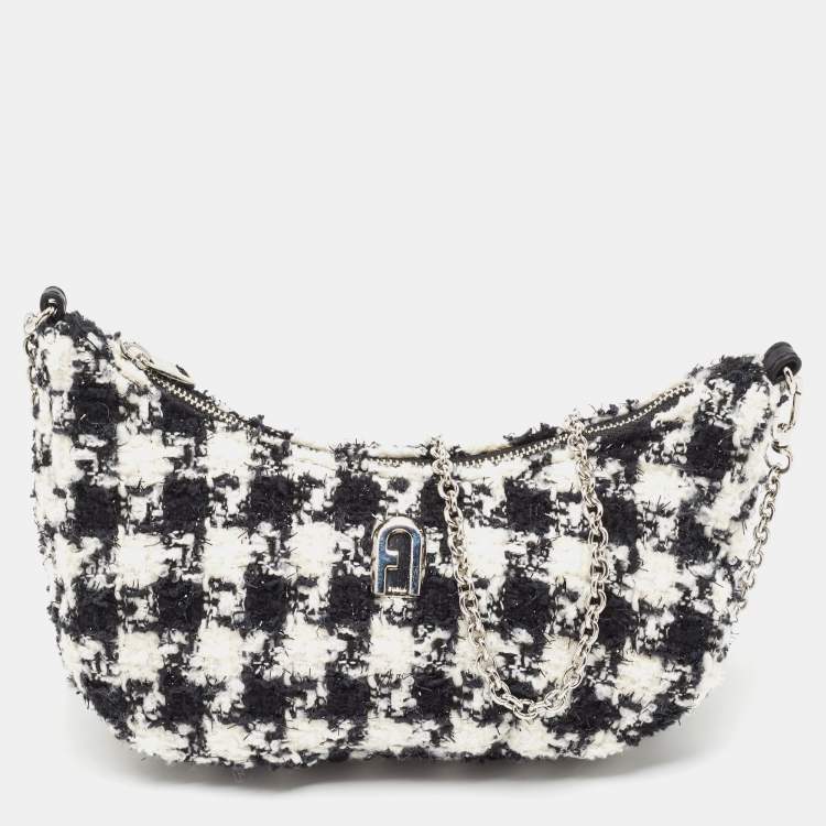 Pre Owned Furla White/Black Tweed Crossbody Bag 