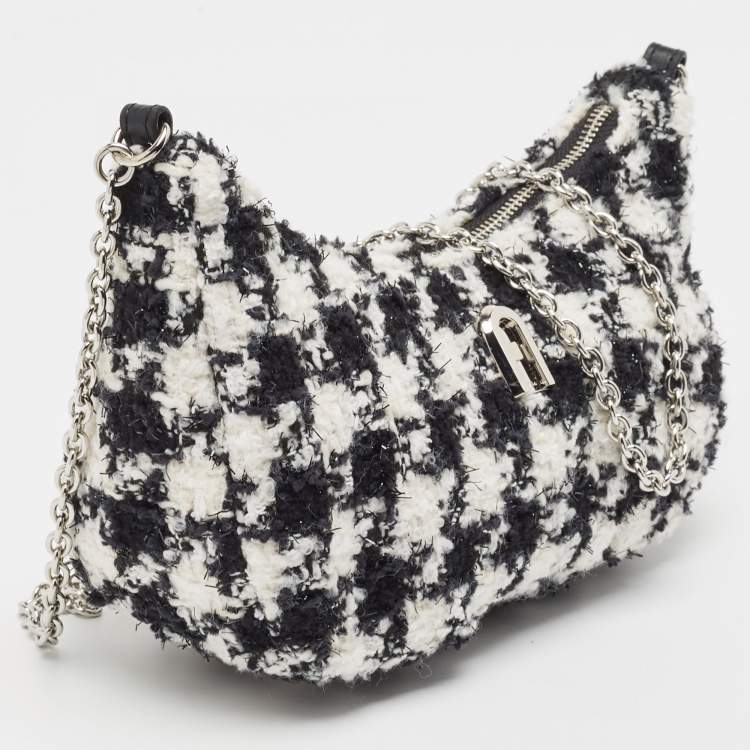 Pre Owned Furla White/Black Tweed Crossbody Bag 
