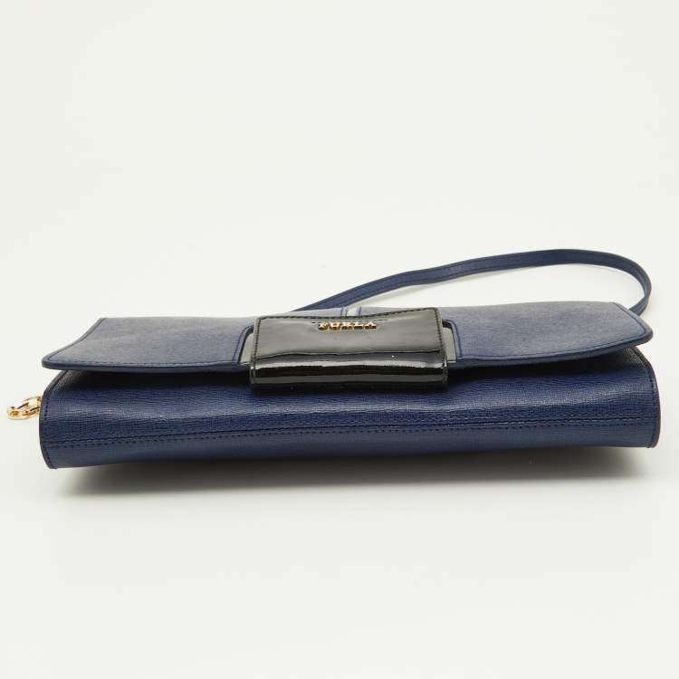 Pre Owned Furla Blue/Black Leather Flap Chain Shoulder Bag