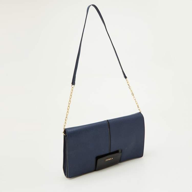 Pre Owned Furla Blue/Black Leather Flap Chain Shoulder Bag