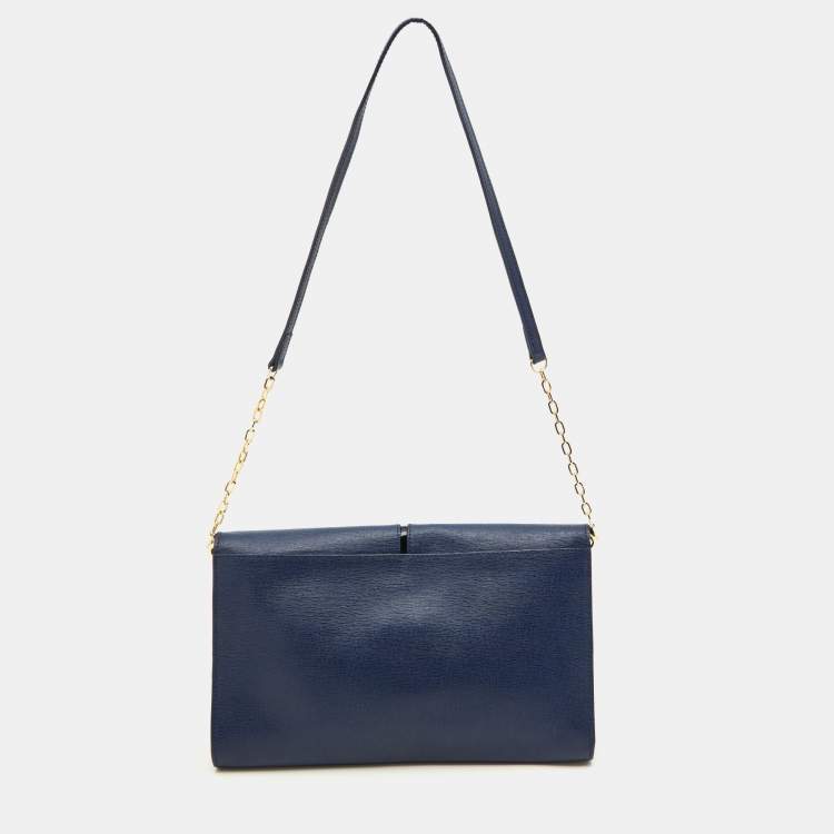 Pre Owned Furla Blue/Black Leather Flap Chain Shoulder Bag