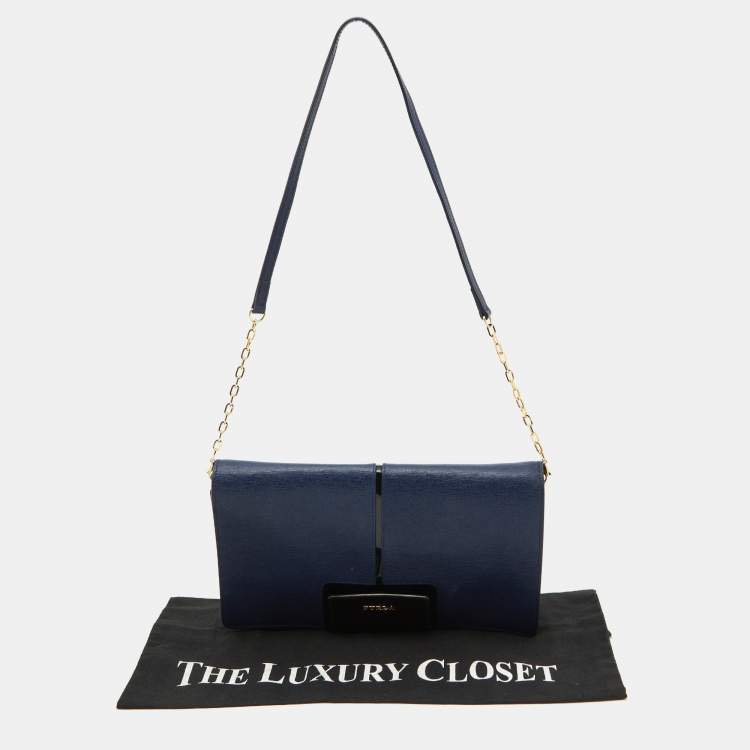 Pre Owned Furla Blue/Black Leather Flap Chain Shoulder Bag