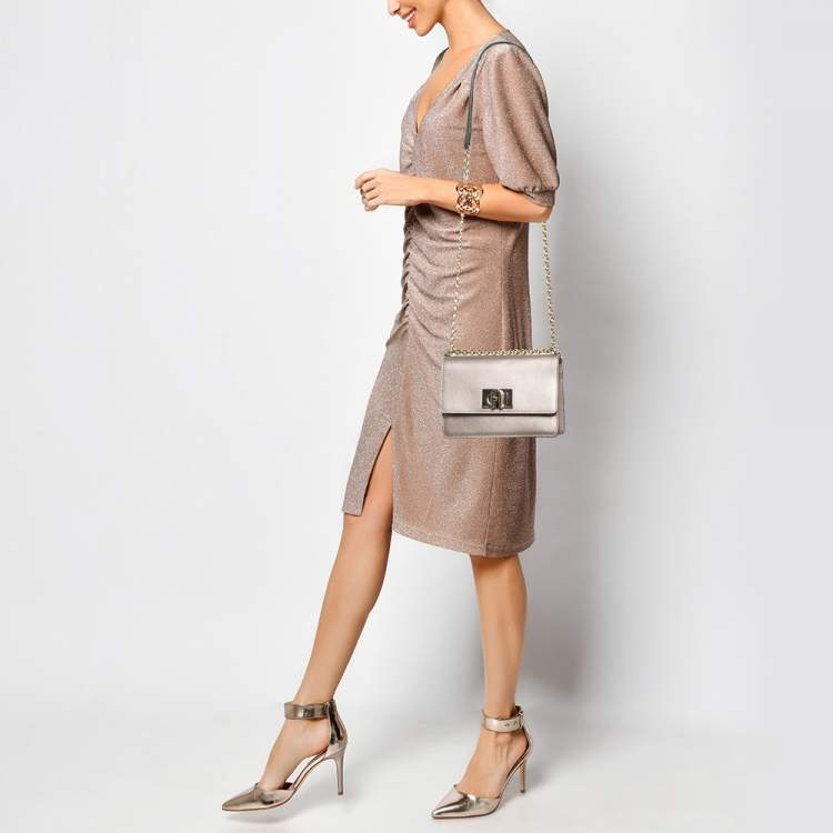 Pre Owned Furla Metallic Grey Leather 1927 Chain Shoulder Bag