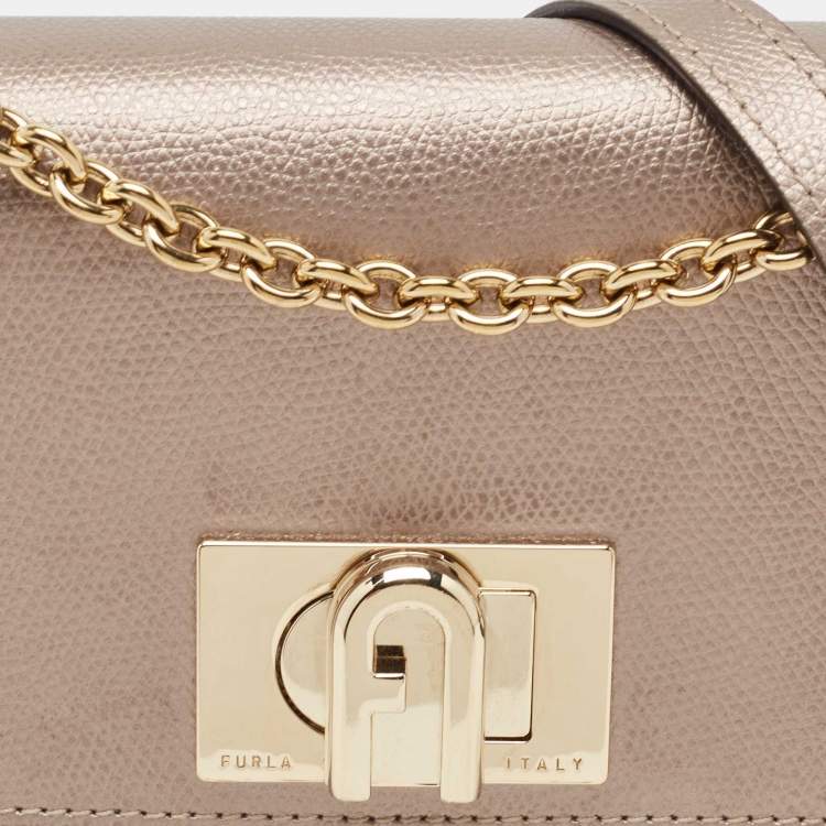 Pre Owned Furla Metallic Grey Leather 1927 Chain Shoulder Bag