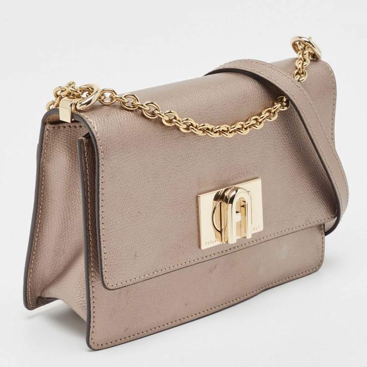 Pre Owned Furla Metallic Grey Leather 1927 Chain Shoulder Bag