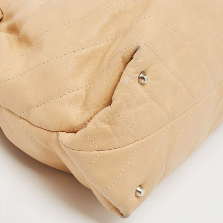 Pre Owned Furla Beige Leather Drawstring Metal Handle Shoulder Bag