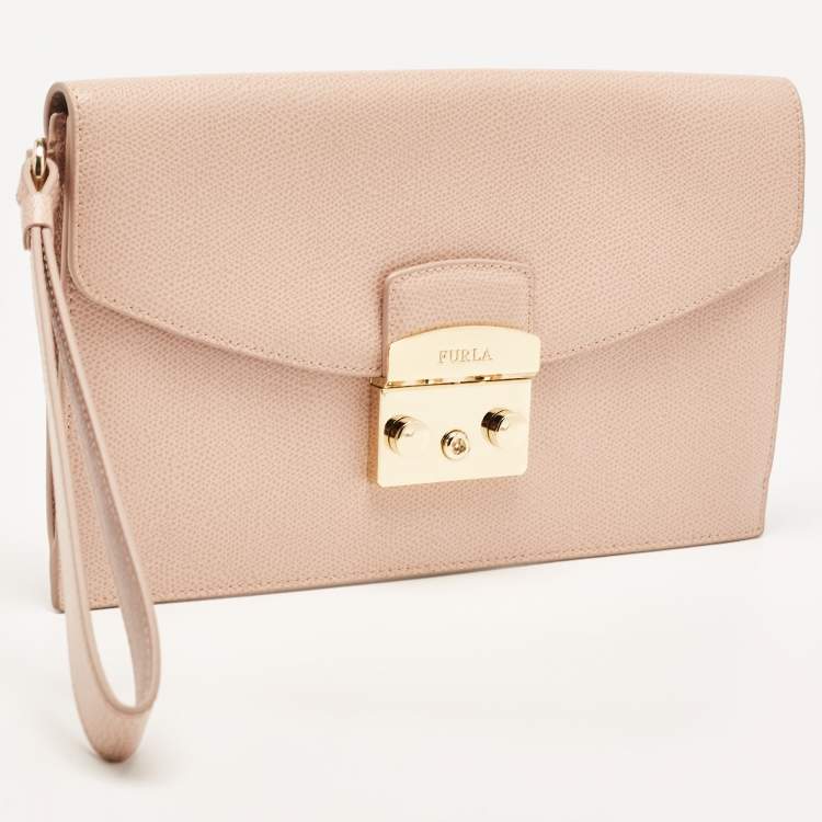 Pre Owned Furla Pink Leather Metropolis Envelope Wristlet Clutch