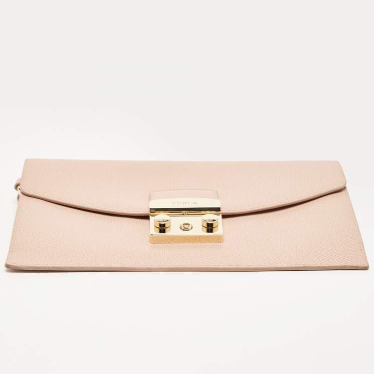 Pre Owned Furla Pink Leather Metropolis Envelope Wristlet Clutch