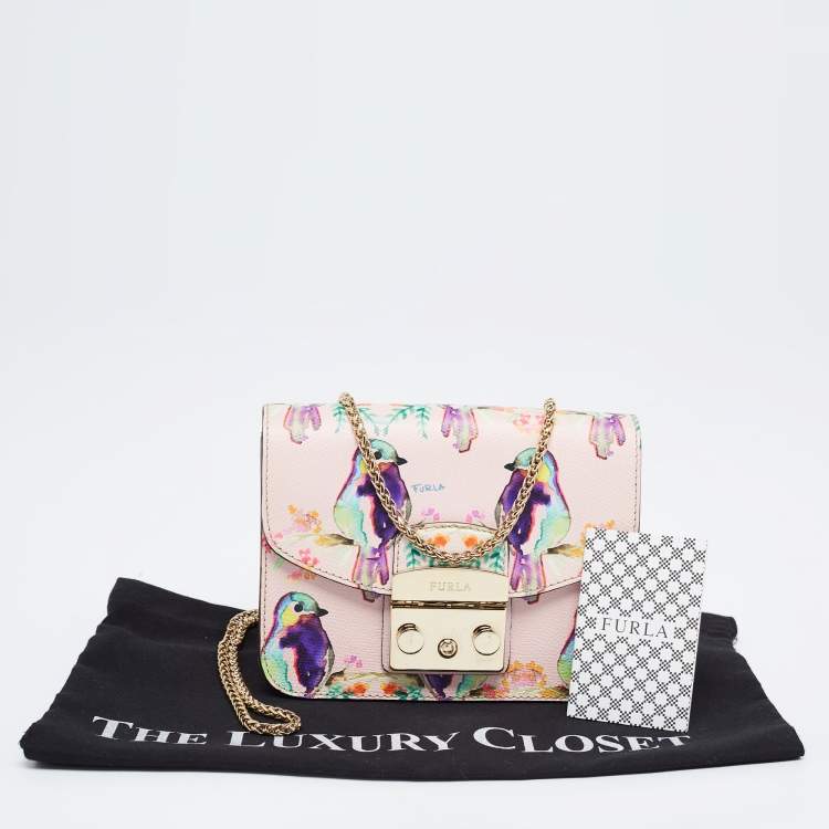 Pre Owned Furla Pink/Multicolor Bird Print Leather Mini Metropolis Crossbody Bag