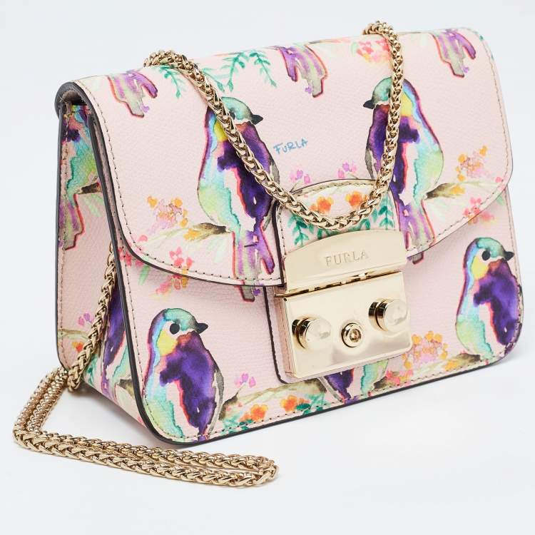 Pre Owned Furla Pink/Multicolor Bird Print Leather Mini Metropolis Crossbody Bag