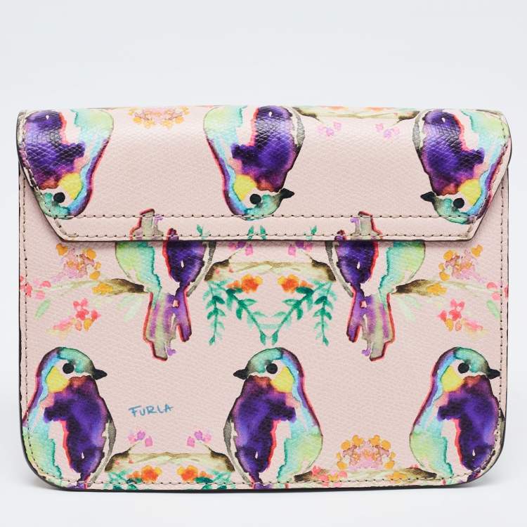 Pre Owned Furla Pink/Multicolor Bird Print Leather Mini Metropolis Crossbody Bag