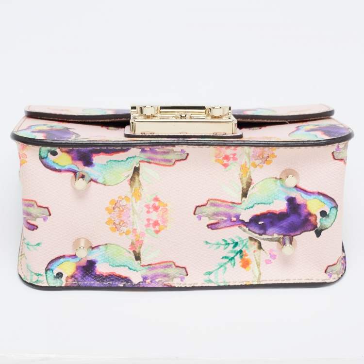 Pre Owned Furla Pink/Multicolor Bird Print Leather Mini Metropolis Crossbody Bag