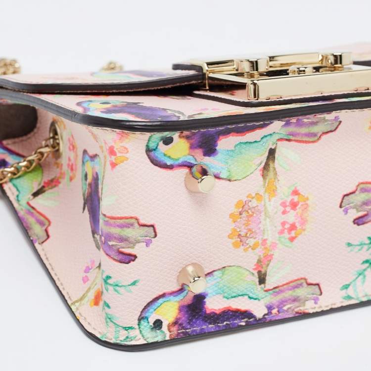 Pre Owned Furla Pink/Multicolor Bird Print Leather Mini Metropolis Crossbody Bag