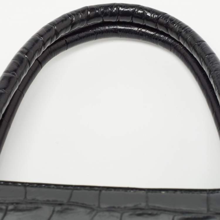 Pre Owned Furla Black Croc Embossed Leather Zip Tote