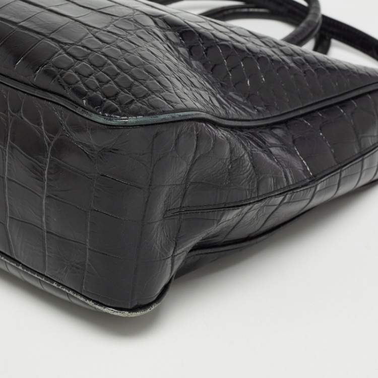 Pre Owned Furla Black Croc Embossed Leather Zip Tote