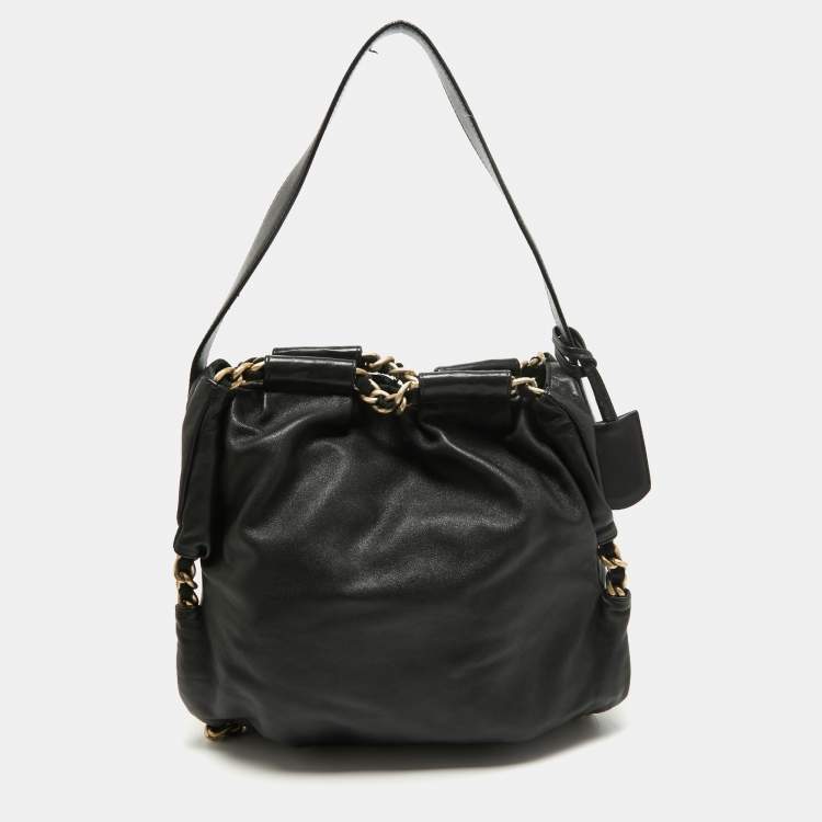Pre Owned Furla Black Leather Chain Detail Hobo