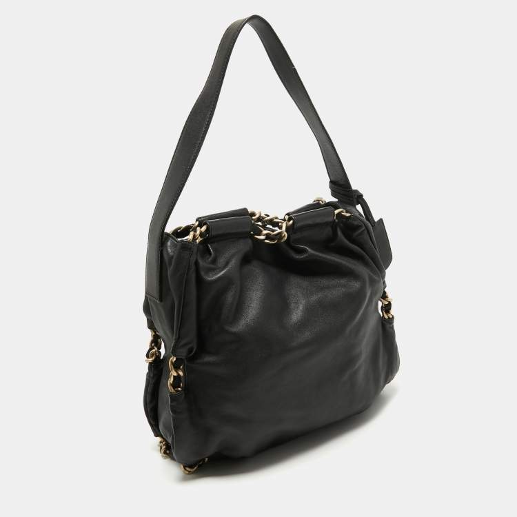 Pre Owned Furla Black Leather Chain Detail Hobo