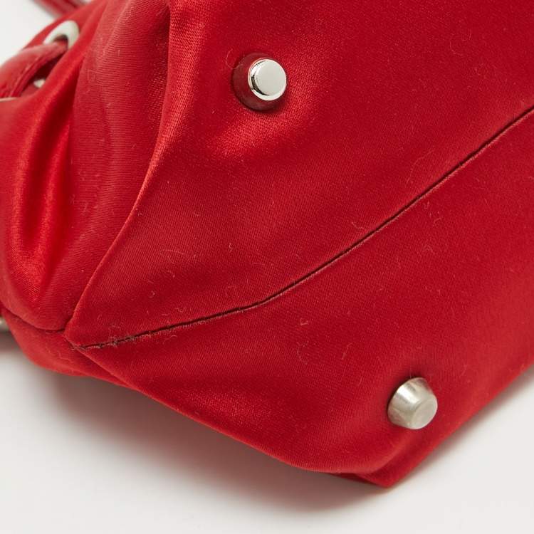 Pre Owned Furla Red Satin and Patent Leather Baguette Bag