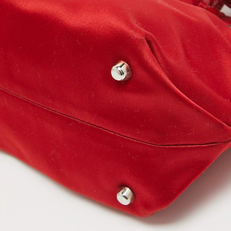 Pre Owned Furla Red Satin and Patent Leather Baguette Bag