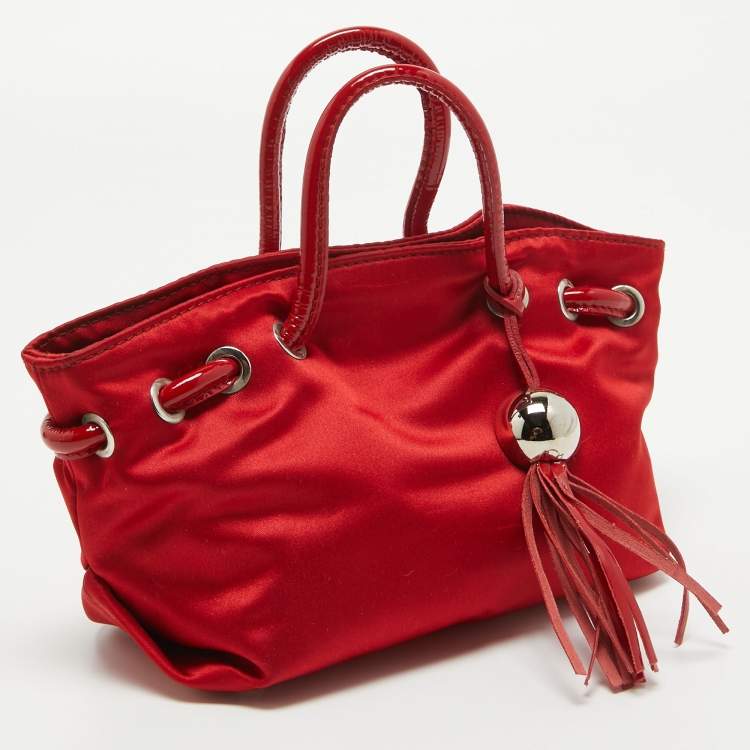 Pre Owned Furla Red Satin and Patent Leather Baguette Bag