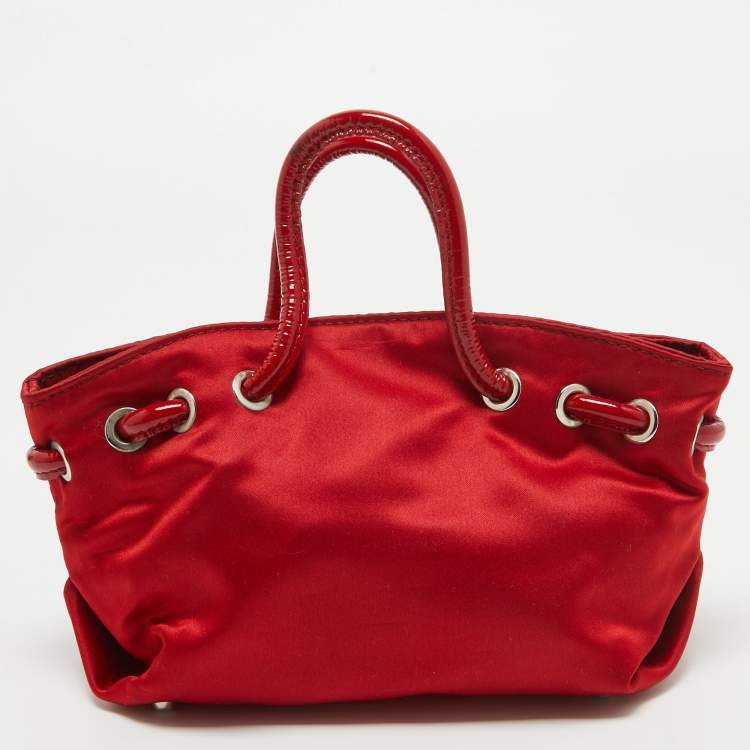 Pre Owned Furla Red Satin and Patent Leather Baguette Bag
