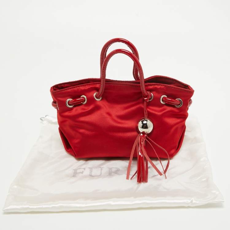 Pre Owned Furla Red Satin and Patent Leather Baguette Bag