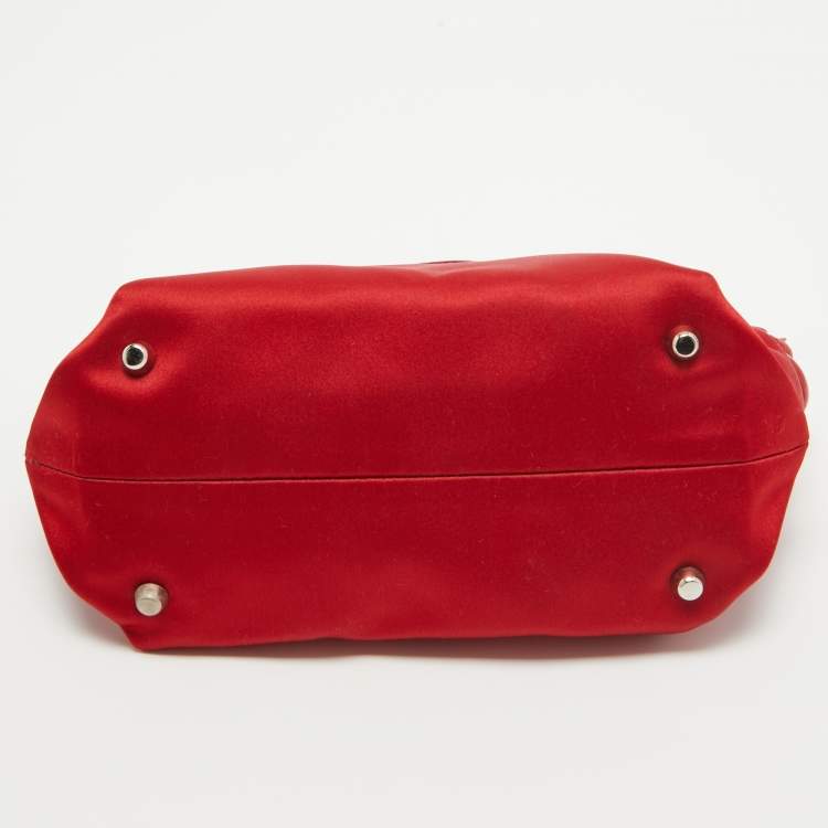 Pre Owned Furla Red Satin and Patent Leather Baguette Bag