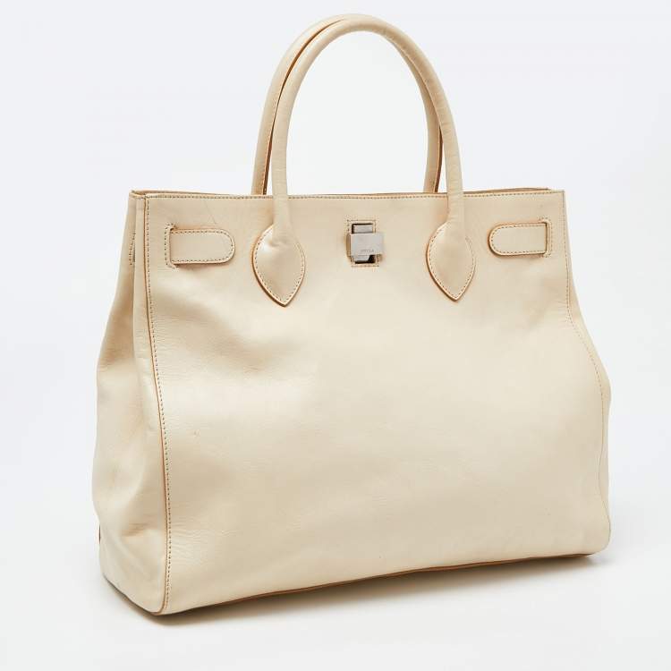 Pre Owned Furla Cream Leather Twist Lock Tote