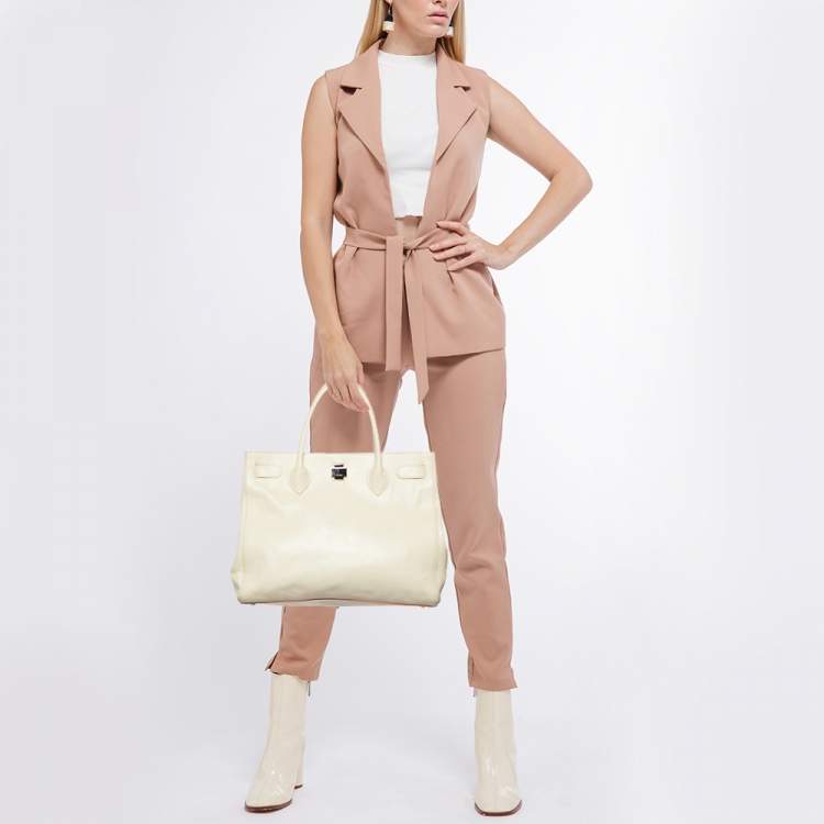 Pre Owned Furla Cream Leather Twist Lock Tote