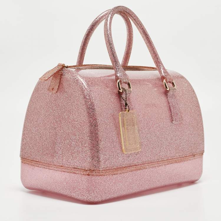 Pre Owned Furla Pink Glitter Rubber Medium Candy Satchel
