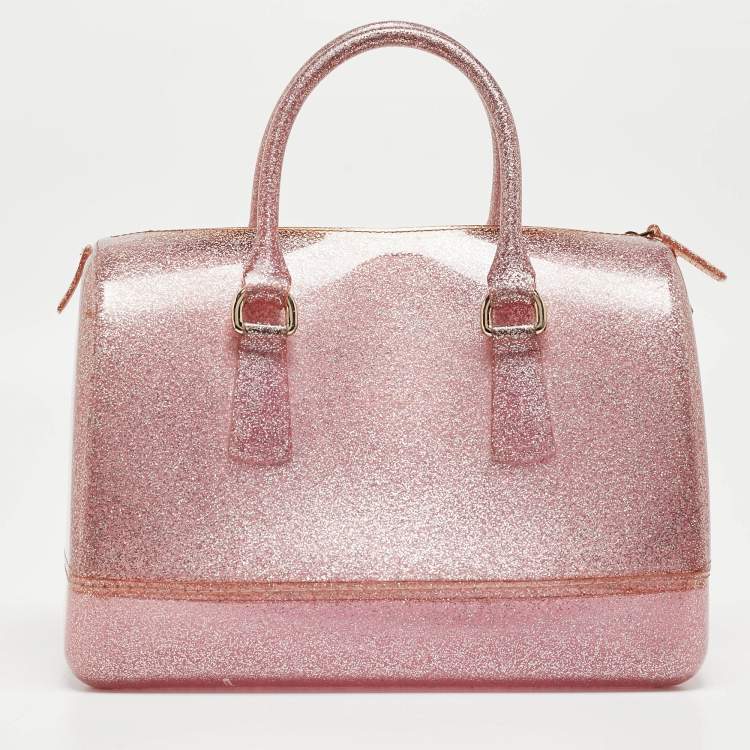 Pre Owned Furla Pink Glitter Rubber Medium Candy Satchel