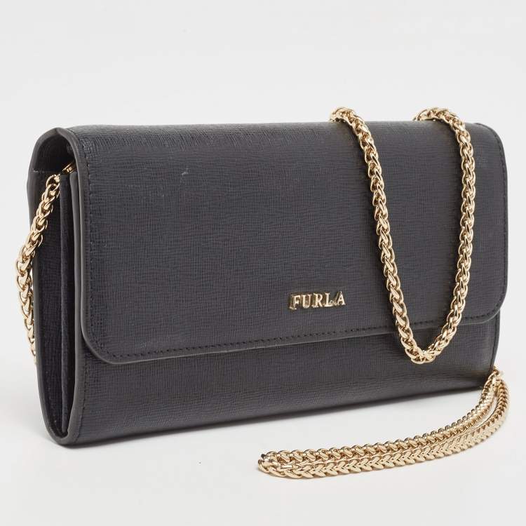 Pre Owned Furla Black Leather Babylon Wallet on Chain 