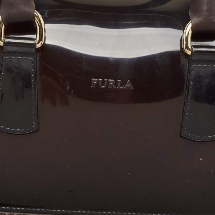 Pre Owned Furla Dark Brown/Beige Rubber and Leopard Print Leather Medium Candy Satchel