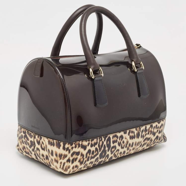 Pre Owned Furla Dark Brown/Beige Rubber and Leopard Print Leather Medium Candy Satchel