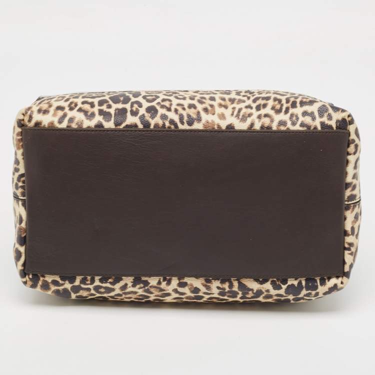 Pre Owned Furla Dark Brown/Beige Rubber and Leopard Print Leather Medium Candy Satchel
