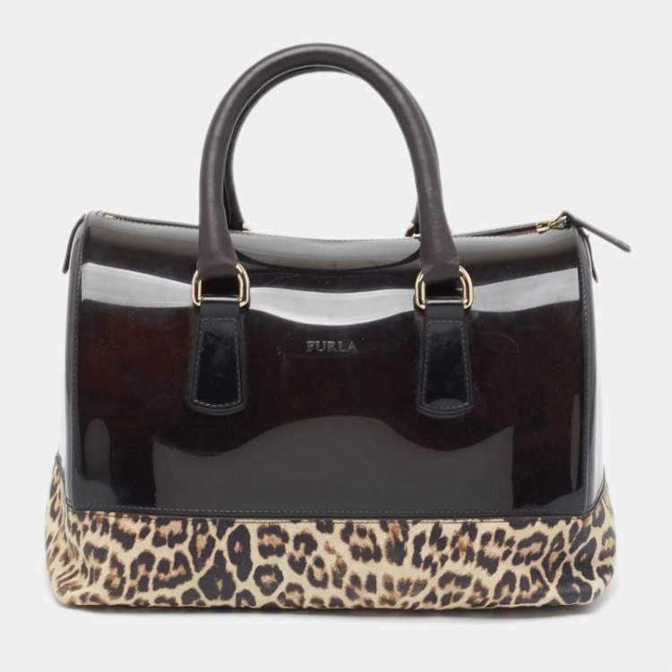 Pre Owned Furla Dark Brown/Beige Rubber and Leopard Print Leather Medium Candy Satchel