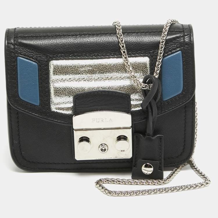 Pre Owned Furla Black/Silver Leather Metropolis Shoulder Bag